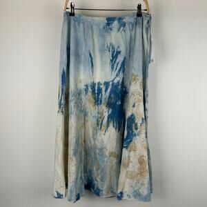 Kathleen Sommers Linen Midi Skirt Tie Dye White Blue Brown Boho Festival Large